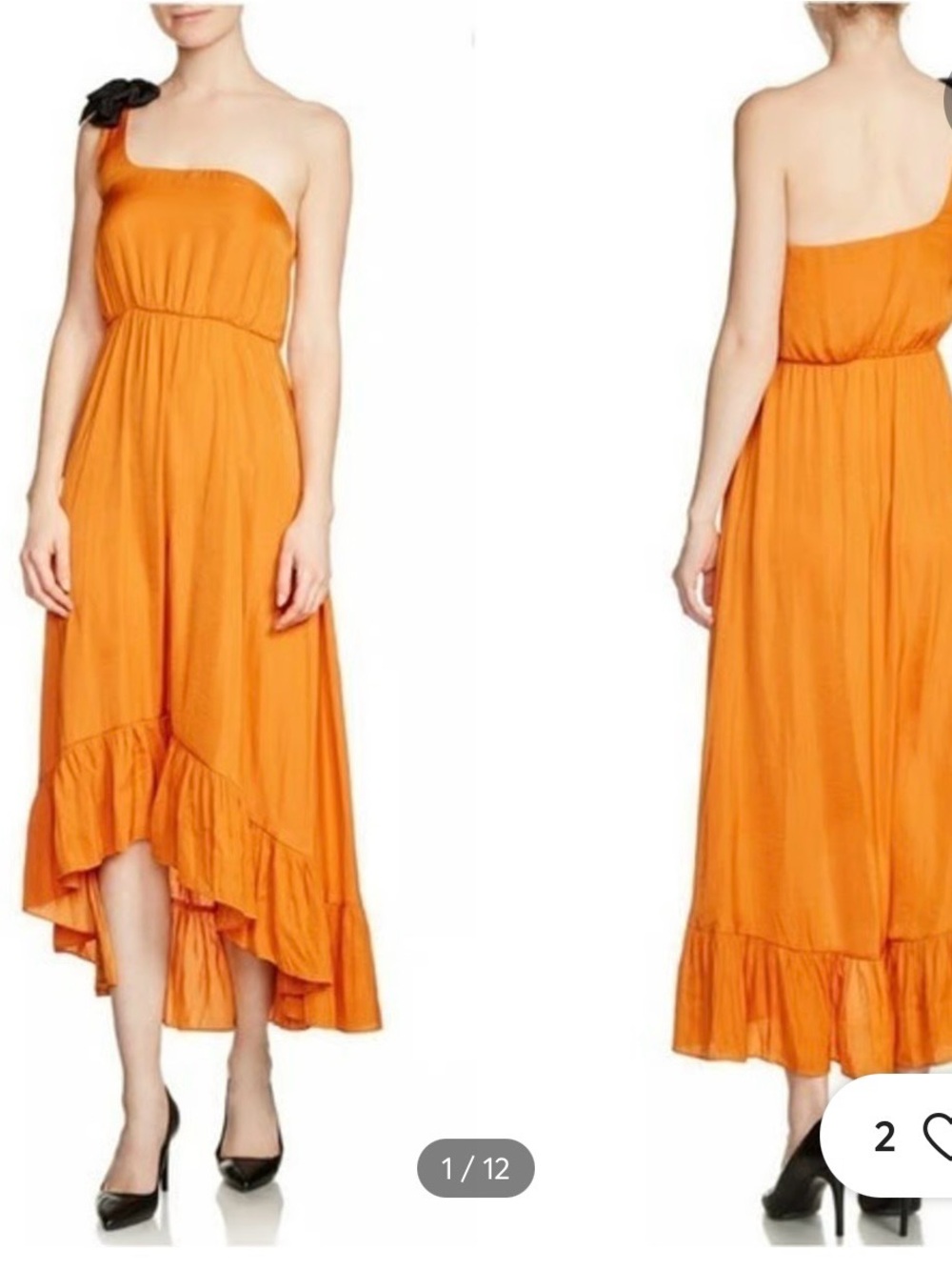 Maje Orange One-Shoulder Ruffle High-Low Maxi Dress with Black Bow